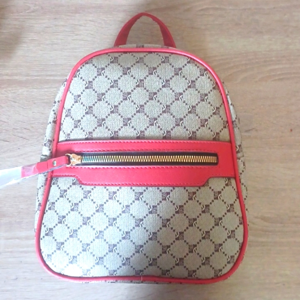 💗NEW Mini Red and Brown Pattern Vegan Backpack, Summer, Vacation, Festival, Bag